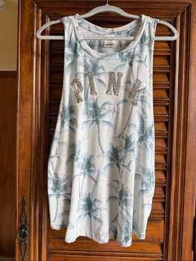 SALE🏝️PINK Victoria's Secret White Palm-Print Tank with Rhinestone Logo